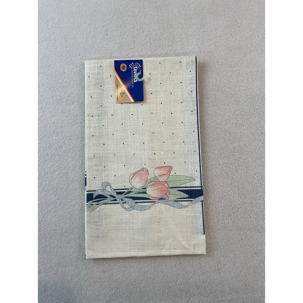 Stevens Linen Kitchen Towel Pink‎ Tulips Blue Bow Dots Vintage Made In USA New